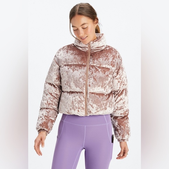 Fabletics Jackets & Blazers - Fabletics Wander Crushed Velour Pink Cropped Puffer Jacket
